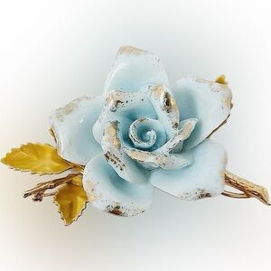Vintage 1965 HOBE Baby Blue Gold Tip Porcelain Rose Brooch